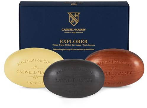 Caswell-Massey Men’s Bar Soap Gift Set - 2571, Woodgrain & Sandalwood - Moisturizing Triple-Milled Body Wash Bars for All Skin Types, Plant-Based & Essential Oils Formula, Made in USA, 3 x 5.8 oz