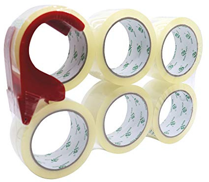 BOMEI PACK 6 Rolls with 1 Dispenser No Bubble Clear Secure and Sticky Packing Tape,Heavy Duty Packaging Tape for Moving, Parcels Sealing, Shipping,45mic x 48mm x 66m