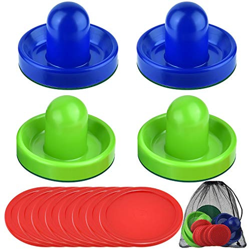 Coopay Air Hockey Pushers and Pucks, Air Hockey Paddles with Felt Bottoms, Goal Handles Paddles Replacement Accessories with a Drawstring Bag for Game Tables (4 Striker, 8 Red Puck Pack)