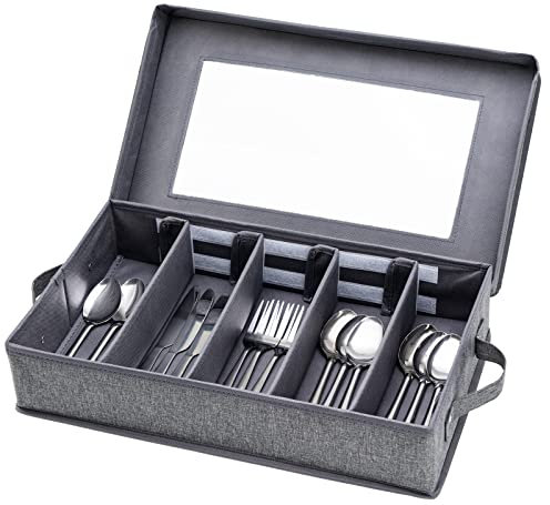 Boîte de rangement pour argenterie, boîte de rangement pour couverts, porte-ustensiles avec couvercle amovible et séparateurs réglables pour organiser les ustensiles, couverts, couteaux, grande