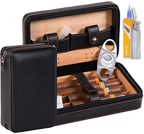 4-Finger tragbares Reise Leder Zigarrenetui, Zigarrenschneider, Zigarren Befeuchter mit Zigarrenschneider und Befeuchter, Trauzeugen Geschenk, Geburtstagsgeschenk