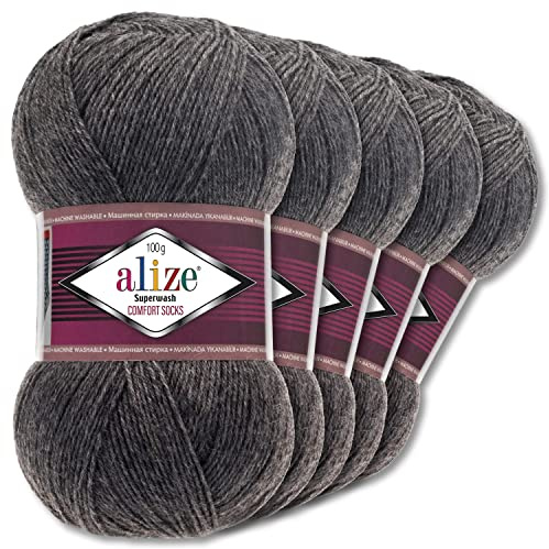 Wohnkult Alize Superwash Comfort - Gomitolo di lana per calze, 5 x 100 g, 33 colori a scelta, monomulticolore (182, grigio scuro melange)