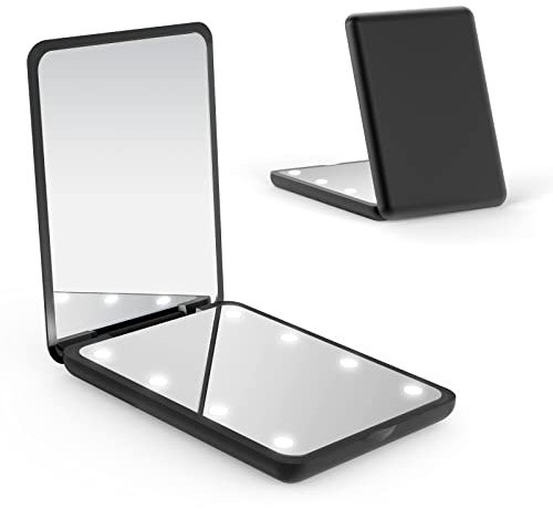 WOBSION Compact Mirror, Small Makeup Mirrors with Light for Travel, LED Pocket Mirror for Purse and Handbag, 1x/3x Magnifying Handheld Mirrors, Folding, Portable, Gifts for Women, Black