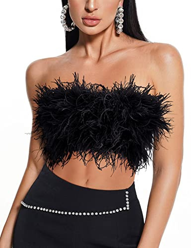 Sexy Pelliccia Del Faux Piuma Crop Top Peloso Senza Spalline Del Tubo Del Partito Del Club Canotta Top Top, A-nero, S