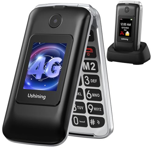 USHINING Téléphone Senior Débloqué à Clapet avec Grandes Touches - Double Écran 2,8 et 1,77 Pouces - Bouton SOS - Noir