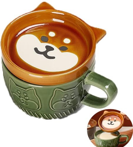 FutureHight Tazze da caffè in ceramica creativa con coperchio, Gatto , Tazze di porcellana, Famiglia, Pranzo, Latte, Succo, Bevande () (Verde)