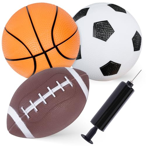 Shindel 3-Pack Sports Balls, 5-Inch Soccer Ball, Basketball & 7 Inches Footballs for Toddlers 1-3, Adults, Party Favors for Kids, Classroom Prize, Valentine Exchange Gifts, with Air Pump