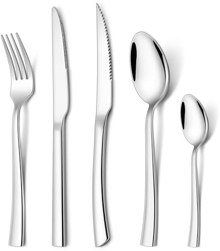 Homikit Cutlery Sets with Steak Knives, 30 Pieces Stainless Steel Flatware Set for 6 People, Included Knives Forks Spoons for Camping Kitchen Party, Non-Toxic, Mirror Polished & Dishwasher Safe