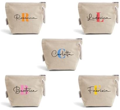 Generico Pochette Donna In Cotone Riciclato Personalizzata con Nome e Iniziale Colorata Idea Regalo Compleanno Estate Vacanze mare Trousse Porta Trucchi Oggetti Astuccio Con Stampa colorata