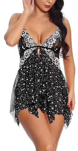 ONGASOFT Women Sexy Lingerie Sets Front Open Closure V Neck Lace Babydoll Sleepwear Dress With G-String, Stars