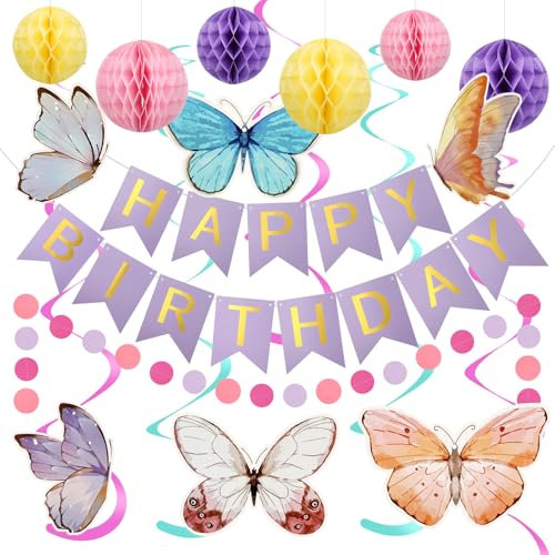 Xialvyu Geburtstagsdeko, Lila Happy Birthday Girlande mit Schmetterlinge Hängende Wabenball Wirbel Kreis Punkt Girlande, Violett Geburtstagsdeko für Mädchen Frauen, Geburtstag Party Dekorationen