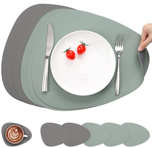 Myir JUN Tischsets Leder und Untersetzer, Tischsets Abwaschbar Rund Doppelseitigen rutschfest Platzdeckchen Leder Kunstleder Tischset Lederoptik Platzset (Grau Salbeigrün, Satz von 6)