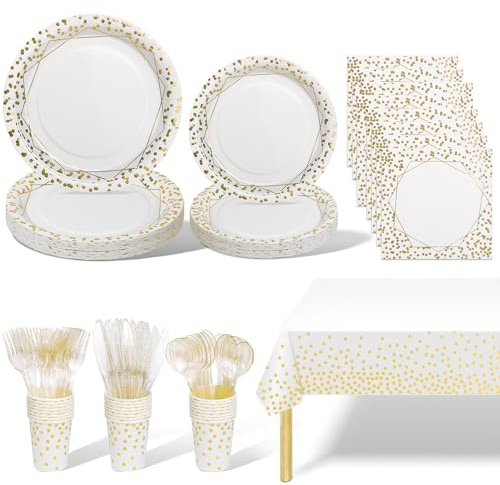 AIPartywar Vajilla de 141 piezas de oro blanco para fiestas, platos de papel, reutilizables, incluye mantel, platos, vasos, servilletas para cumpleaños, bodas, aniversarios (20 invitados)