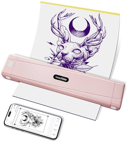 TATTMUSE Rosa Tattoo Drucker Bluetooth, Stencil Nadeldrucker, Schablone Drucker mit 10 Stück Papier, Tattoo Transfer mit Smartphone PC, Thermodrucker Tattoo für Tattoo Künstler und Anfänger
