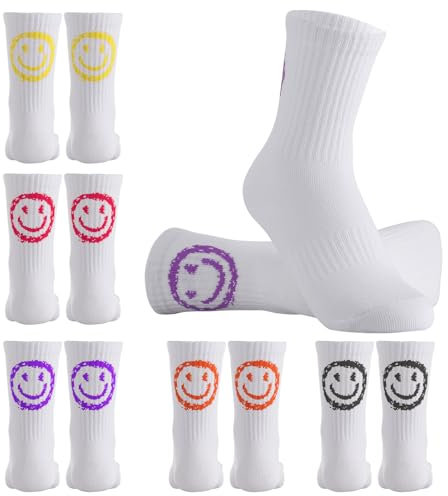 Utensilsto 5 Paar Tennissocken für Kinder 30-34 Kinder Sportsocken Baumwolle Socken lustige Socken Geschenke für Jungen und Mädchen,Kindersocken mit lächeln Motiv