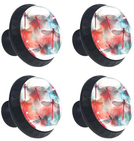 Red Dragonflies with Red Blue and Green Watercolor Paint Kitchen Cabinet Knobs, Decorative Dresser Knobs with Screws Pulls Handles Hardware for Home Furniture