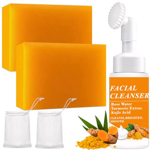 2PCS Turmeric Soap Bar with Facial Cleanser, Kojic Acid Soap with Collagen, Vitamins C, Natural Handmade Bar for Body & Face, Acne Blackheads Dark Spot Remover, Deep Cleaning & Moisturizing