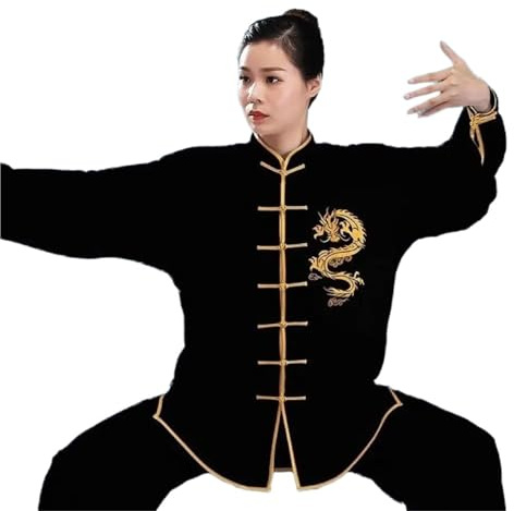 ZWCSHUU Trajes de Kung Fu, Uniforme de Ejercicio, Ropa de Tai Chi de Manga Larga de dragón, Taiji folclórico Tradicional, Deportes matutinos for Caminar al Aire Libre Tai Chi Traje(Black,XL)