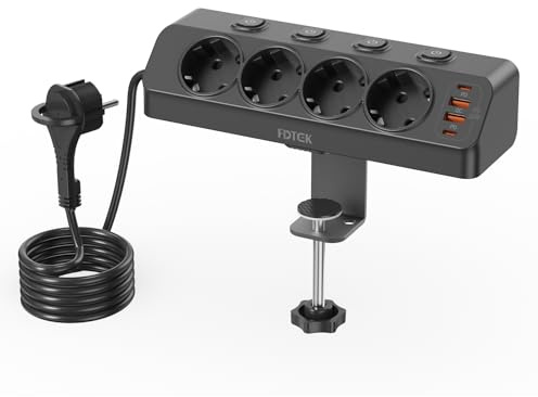 FDTEK Grenuttag med USB-C PD 20W Och 4 Separata Brytare, Grenuttag med Klämma och Platt Stickpropp, 4 Uttag, för Skrivbord Eller Väggmontage, 2 M Kabel, 4000W/16A, Svart | Bordsuttag platt kontakt med USB C, 4-vägs flera uttag med strömbrytare 2M kabel, hörnuttag för hem kontor