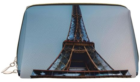 Trousse de maquillage en cuir doré - Tour Eiffel de Paris Imprimée Sacs cosmétiques de voyage Organisateur avec poignée, articles de toilette personnels portables, doré, Taille unique