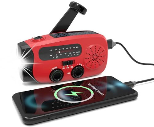 Wind Up Radio, Solar Portable Hand Crank Radio Torch, AM/FM Emergency Radio with LED Torch, 2000mAh Battery Rechargeable Powerbank, SOS Alarm, USB Phone Charger, Radio for Camping, Hiking