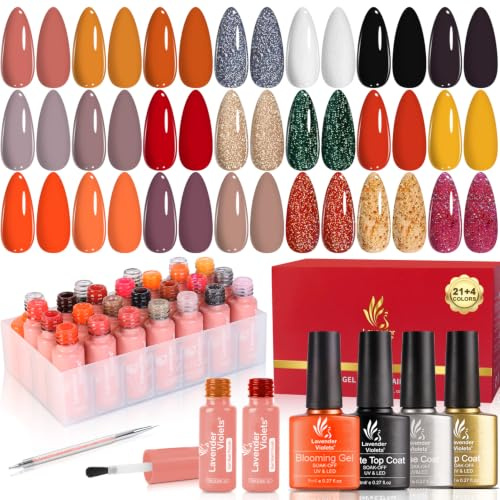 Lavender Violets 25 Pcs UV Gel Nail Polish Brilliant Red Earth color With Starter kit Blooming Gel,Base Coat,Glossy n Matte Top Coat Dotting Drawing Nail Brush Soak Off Manicure C406