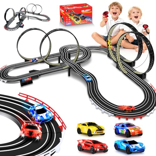 YOOHBERRYS Pista Carreras Electrica, 1:64 Pista Coches Niños con 4 LED Coches Contador Vueltas Bucle 360°, Extralargo Circuito Coche Juguete Regalos Niños 3+ Años (821CM)