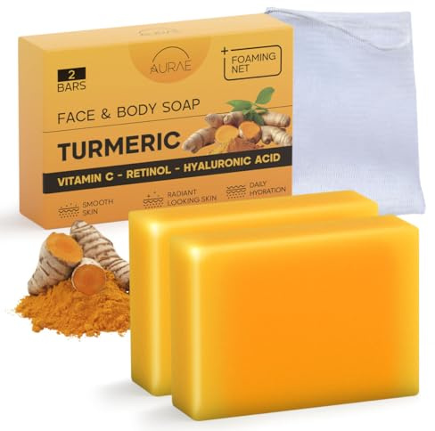 Savon Curcuma Visage contre les Taches, Éclaircissant & Hydratant, Doux Visage & Corps, Vit. C, Rétinol, Ac. Hyaluronique, Beurre de Karité, Huile Olive & Vit. E, Sans Parabènes & SLS(100g x 2 Savons)