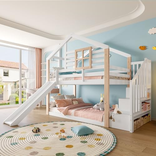 Merax Etagenbett Kinderbett 90x200cm, Hochbett Hausbett mit Rutsche & Stauraumtreppe & Rausfallschutz & Lattenrost, Platzsparendes Stockbett Baumhausbett mit Dach & Fenster, ohne Matratze, Weiß&Natur