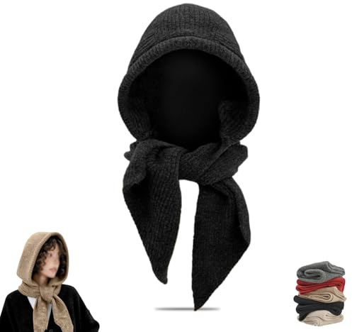 Tyuanjiarui Knitted Hooded Scarf for Women, 2-in-1 Winter Warm Hooded Scarf Hat, Solid Color Loose Knitted Hat for Women (Black)