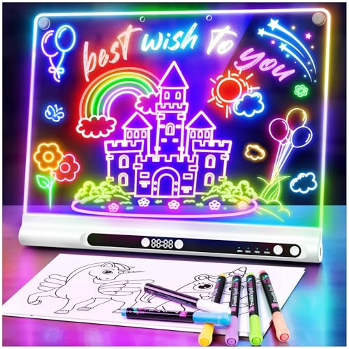 Lavagna Luminosa LED Ricaricabile 41 cm, 9 Modalità Luce con Timer & Supporto Integrato, Acrilica Neon Cancellabile a Secco, Regalo Bambini/Ragazze/Adolescenti, 6 Pennarelli & Libro Sagome, bianco
