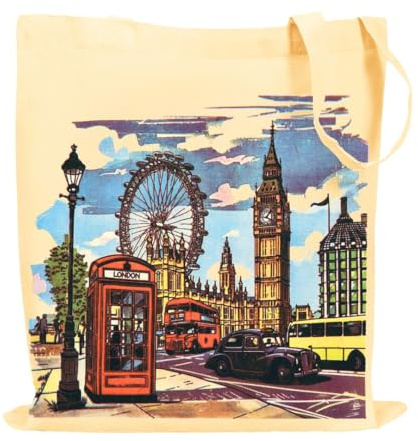 MINIMARG Printed 100% Cotton Tote Bag Souvenir for Presents | London Canvas Gift Bag | Reusable UK Shopping Bag | Size 38x42cm+65cm long Handle