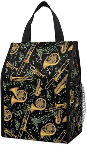 HEBVASS Portable Insulated Picnic Bag, Gold Trumpet Trombone French Horn Black, Leak-Proof Foldable Thermal Cooler with Pockets for Outdoor Dining & Hiking