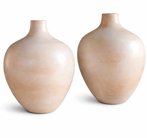 Jarrones Decorativos Modernos Set 2 Piezas de cerámica Beige 35 y 30 cm, diseño esférico Tipo damajuana con Cuello Estrecho, Elegante Centro de Mesa Decorativo Salon y florero Minimalista