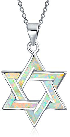 Bling smycken Hanukkah magen judisk vit eller blå skapad opal inlägg Davidsstjärna hänge halsband för fladdermus Mitzvah för kvinnor tonåringar. 925 sterlingsilver, En storlek, Ädelsten, Opal
