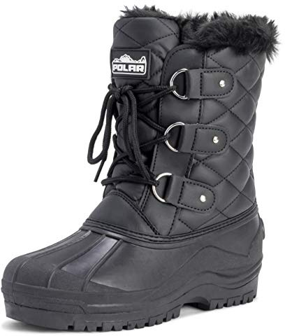 Polar Women’s Waterproof Winter Hiking Boots - Insulated Mid Calf Snow Boots with Non-Slip Sole, Warm Lining & Lace-Up Design for Outdoor Walking, Trekking & Cold Weather - Black Leather - UK 6