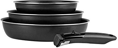 Sitram 712757 Set 3 padelle Sitramovible in alluminio pressato nero Ø20,24,28cm, rivestimento antiaderente senza PFOA, manico removibile - Tutte le fonti di calore compresa induzione, Bordo argento