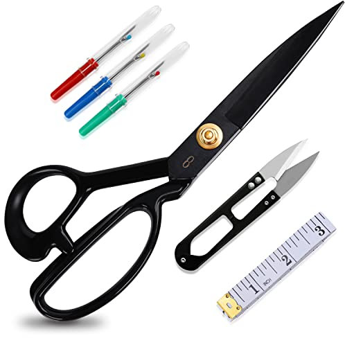 Handi Stitch Schneiderschere Stoffschere Schwarz 21.5cm / 8.46 inches, Maßband, Nahtauftrenner und Fadenschneider - Nähzubehör Set aus Hochwertigem Stahl - Stoff Schere zum Schneiden von Kleidung