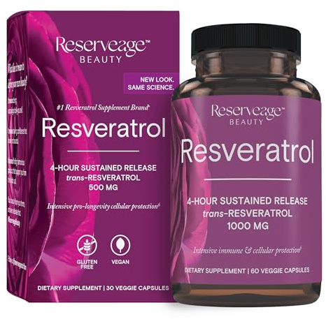 Reserveage Beauty, Resveratrol 1000 mg, Antioxidant Supplement for Heart Health and Immune Support, Supports Healthy Aging and Immune System, Paleo, Keto, 60 Capsules
