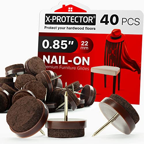 Nail-on Felt Pads X-PROTECTOR 40 PCS - 0.85 Felt Furniture Pads - Brown Chair Leg Floor Protectors - Nail in Furniture Pads for Furniture Legs - The Best Felt Chair Pads for Hardwood Floors (22mm)!