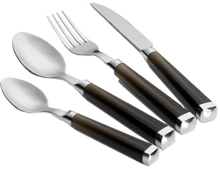 Flamefield 16-delars svart bestickset – hållbart rostfritt stål, elegant utomhusmiddag, elegant lätt design, perfekt för camping och picknick (svart)