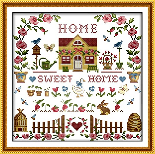 ABEUTY Home Sweet House Kit de Point de Croix pour Adultes Pré-imprimé, Kit de Démarrage de Broderie et Couture DIY 14ct Canevas Estampé DMC Travaux d'Aiguille Facile Débutants (Estampé Home)