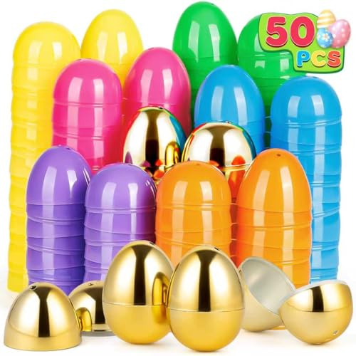 V-Opitos Plastic Easter Eggs, 2.4'' Bulk 42 PCS Easter Eggs with 8 Golden Eggs, Hinged Empty Fillable Eggs for Easter Egg Hunt, Basket Stuffers Fillers, Easter Party Favor for Kids