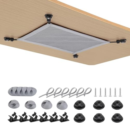 WurdeWindig flexibel kabelnät skrivbord för kabelnät skrivbordsunderbyggnad, kabelkanal skrivbord nät, öppen kabelhantering förvaring för alla kablar döljs 40 x 28 cm, grå.