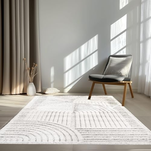 Taracarpet In & Outdoor Teppich Barcelona Wetterfest Balkon Boho Wohnzimmer Küche Skandinavisch Muster Einfarbig 3D Effekt Modern weiß Kreise Welle 120x160 cm