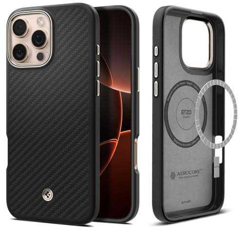 Spigen für iPhone 16 Pro Hülle [Kevlar 1500D Schutz] Enzo Aramid MagFit Aramidfaser Dünn Slim Stoßfest Schutzhülle Case Handyhülle Kompatibel mit MagSafe -Black Natural