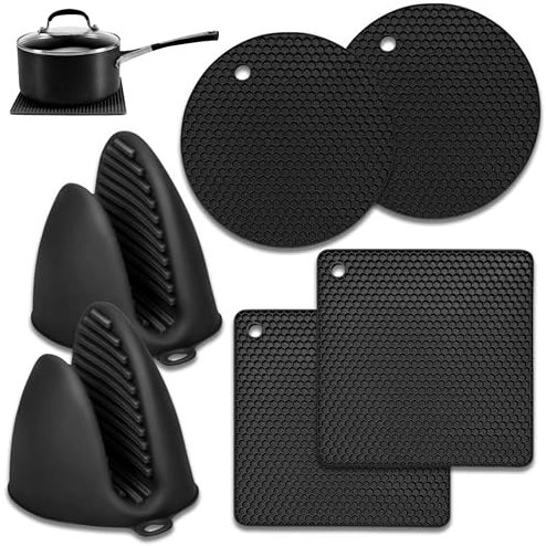 Topfuntersetzer Hitzebeständig, 6 StückTopfuntersetzer Silikon, Hochwertige Silikon Topflappen Multifunktionale Topf Untersetzer bis zu 240°C für Töpfe Pfannen(Schwarz)
