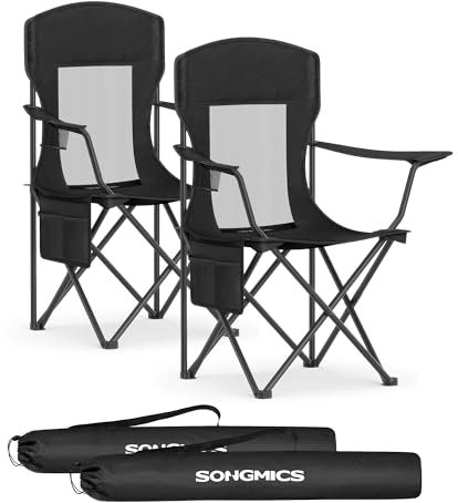 SONGMICS Campingstuhl 2er Set, Klappstuhl Outdoor, Angelstuhl, hohe Rückenlehne, verstellbare Armlehnen, Getränkehalter, klappbar, bis 150 kg belastbar, Camping Garten, tintenschwarz GCB028B02