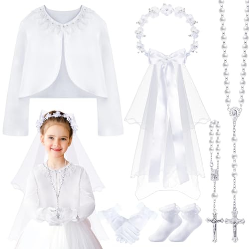 Funtery Juego de 6 velos de primera comunión, chal de primera comunión, corona, velo, tocado, guante, calcetín, collar, pulsera, niño, Blanco, 115-130cm,45kg