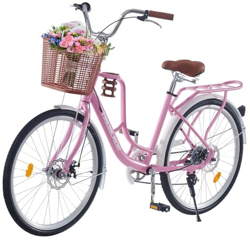 LSLIFE 26 Inch Vintage Ladies Bike with Basket Lightweight City Bicycle